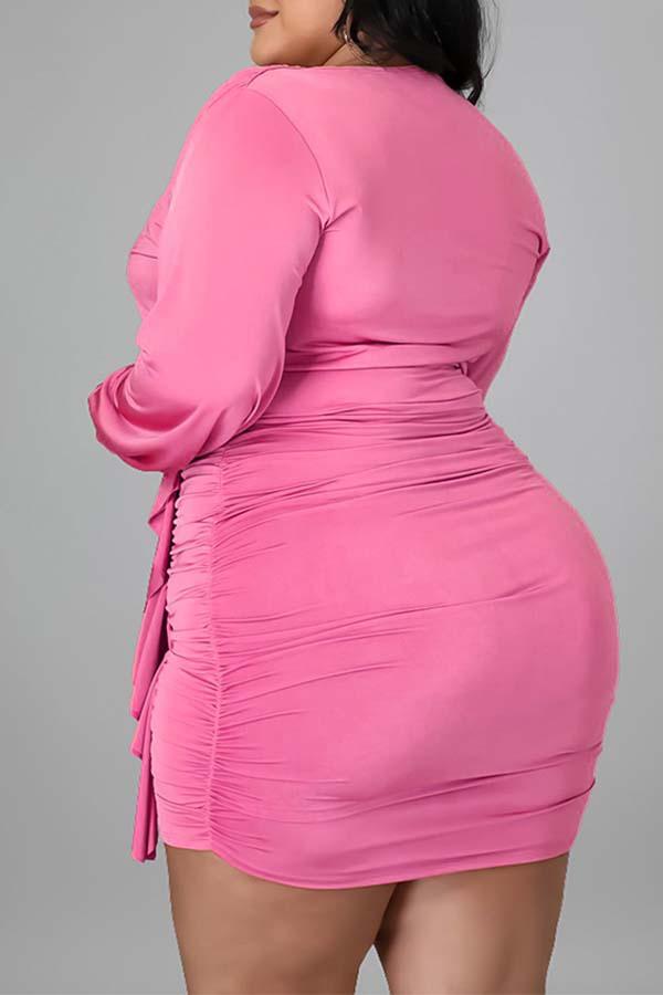 Sexy Solid Color Pleated Deep V-neck Plus Size Mini Dress  Fashionpara