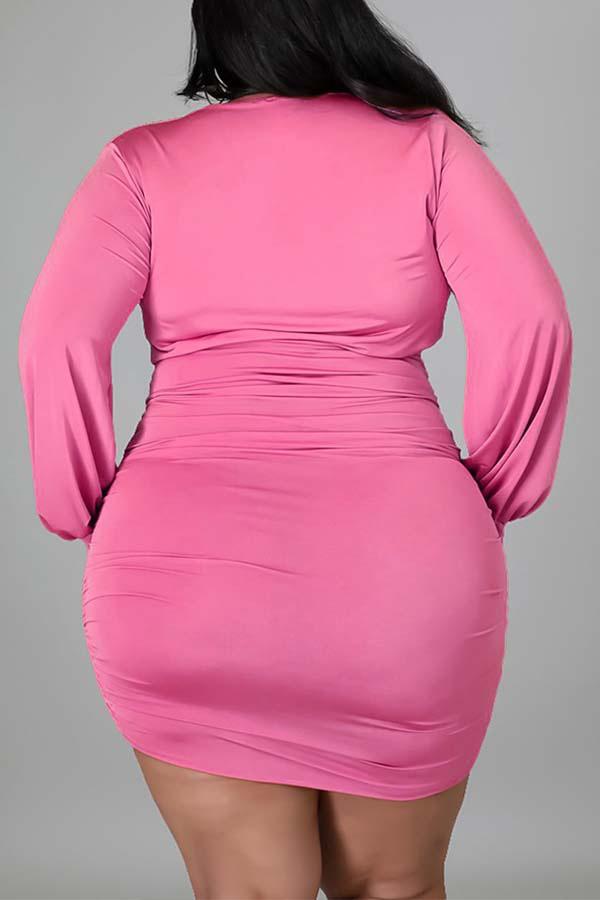 Sexy Solid Color Pleated Deep V-neck Plus Size Mini Dress  Fashionpara