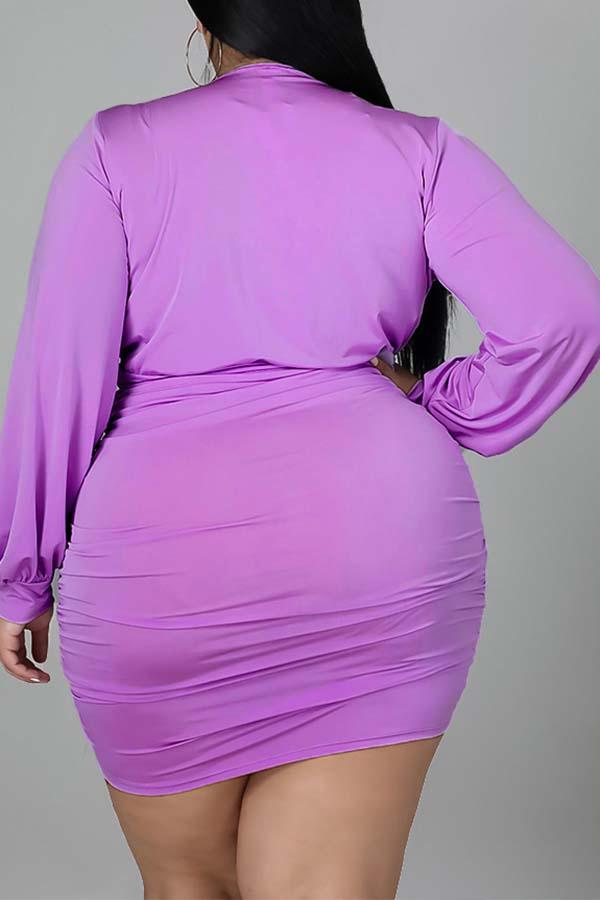 Sexy Solid Color Pleated Deep V-neck Plus Size Mini Dress  Fashionpara