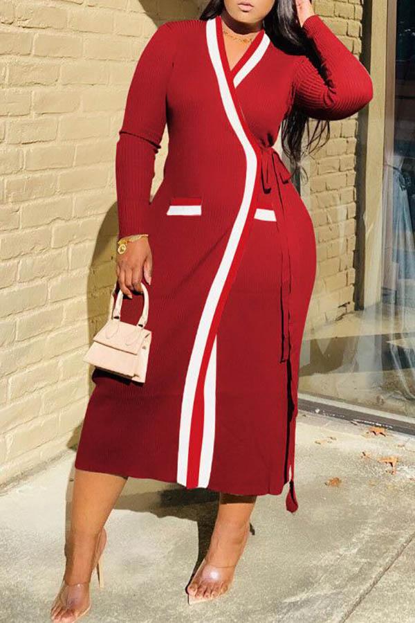Fashion Color Stitching Long Sleeved Knitted Maxi Dress  Fashionpara