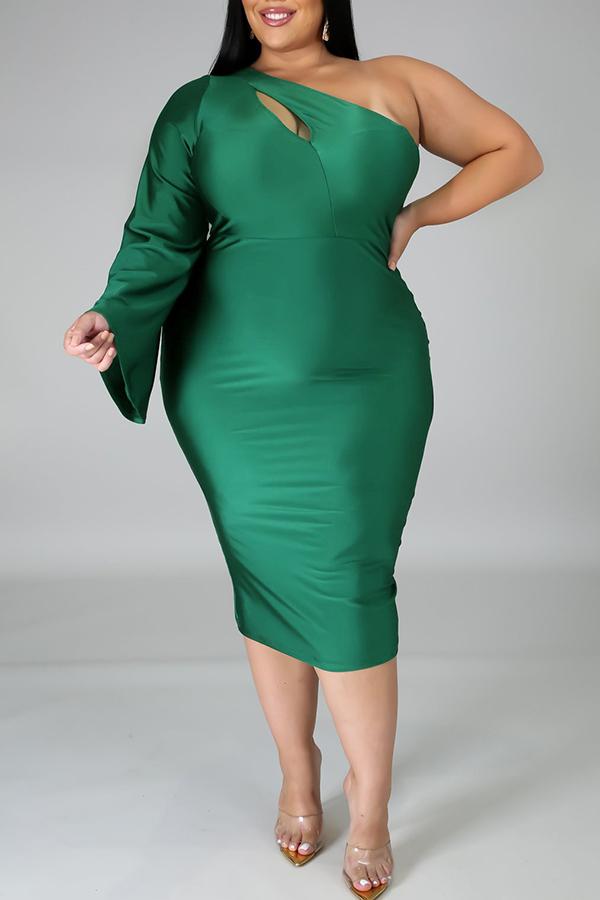 Fashion Plus Size One Shoulder Hollow Flared Sleeve Midi Dress  Fashionpara