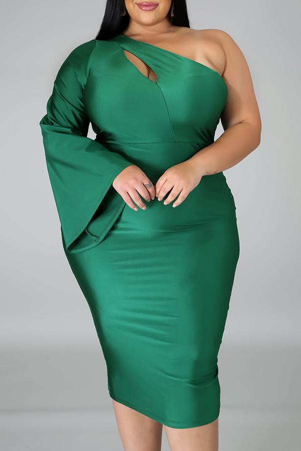 Fashion Plus Size One Shoulder Hollow Flared Sleeve Midi Dress  Fashionpara