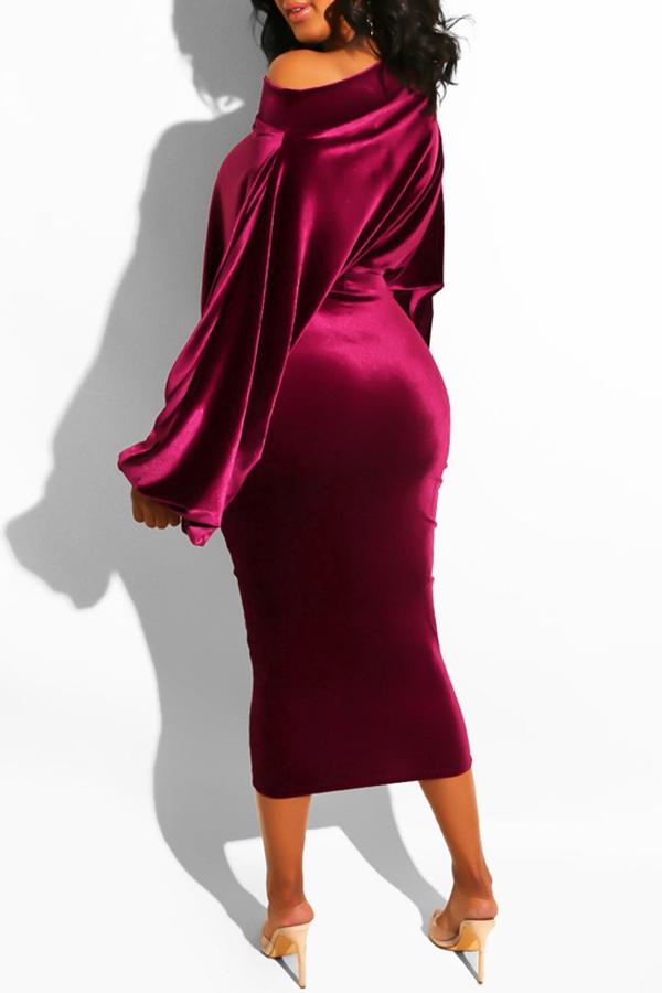 Elegant Slant Collar Long Sleeve Velvet Slim Midi Dress  Fashionpara