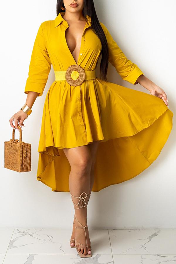 Fashion Solid Color Irregular Single Breasted Shirt Mini Dress  Fashionpara