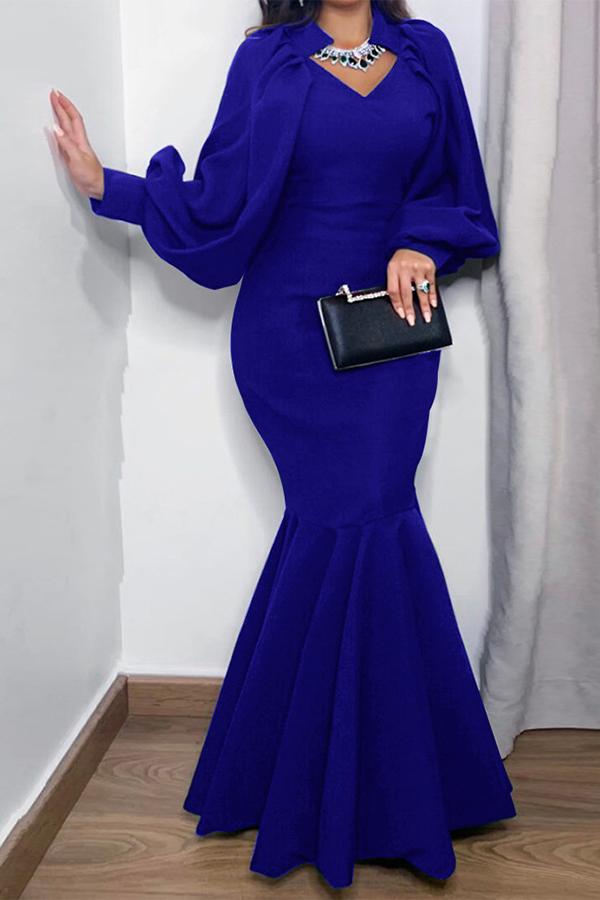 Elegant Puff Sleeve Solid Color Fishtail Maxi Dress  Fashionpara