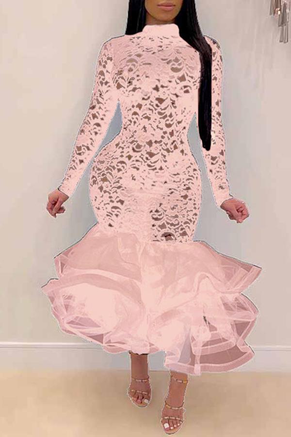 Sexy Slim Fit Lace Stitching Ruffled Mermaid Maxi Dress  Fashionpara