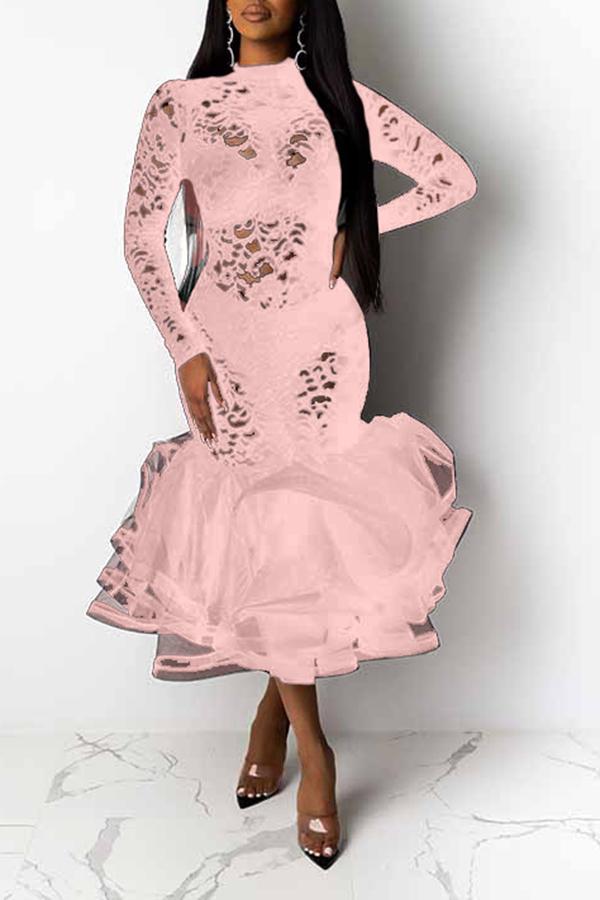 Sexy Slim Fit Lace Stitching Ruffled Mermaid Maxi Dress  Fashionpara