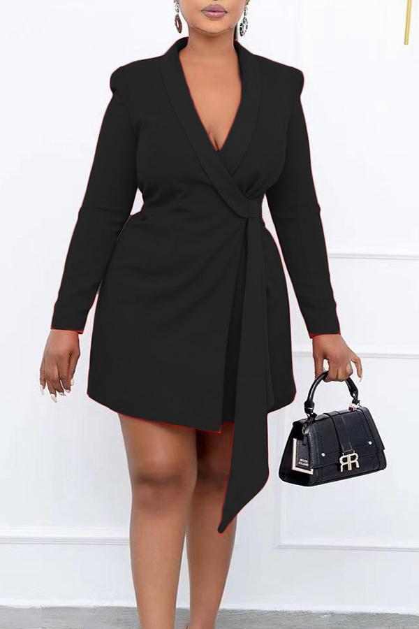 Elegant Solid Color Lapel Slim Long Sleeve Mini Dress  Fashionpara