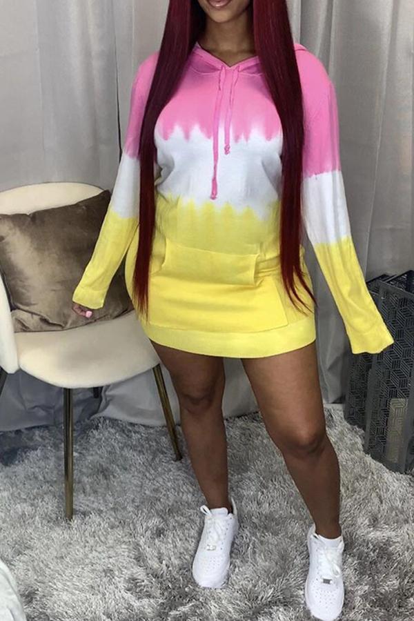 Casual Gradient Color Long Sleeved Hooded Mini Dress  Fashionpara
