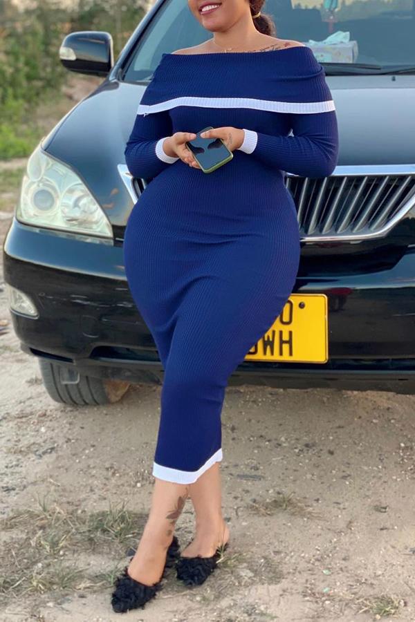 Slim Off Shoulder Long Sleeved Stitching Plus Size Midi Dress  Fashionpara