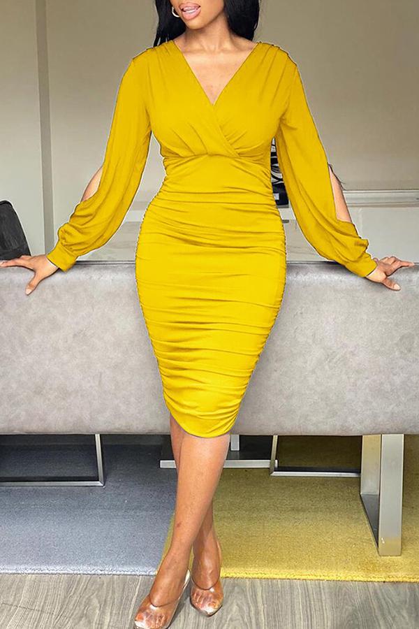 Sexy Solid Hollowed Out V Neck Midi Dress  Fashionpara