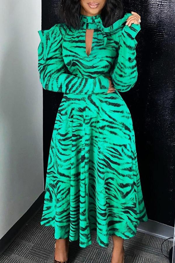 Fashion Zebra Print High Neck Tie Puff Sleeve Maxi Dress  Fashionpara