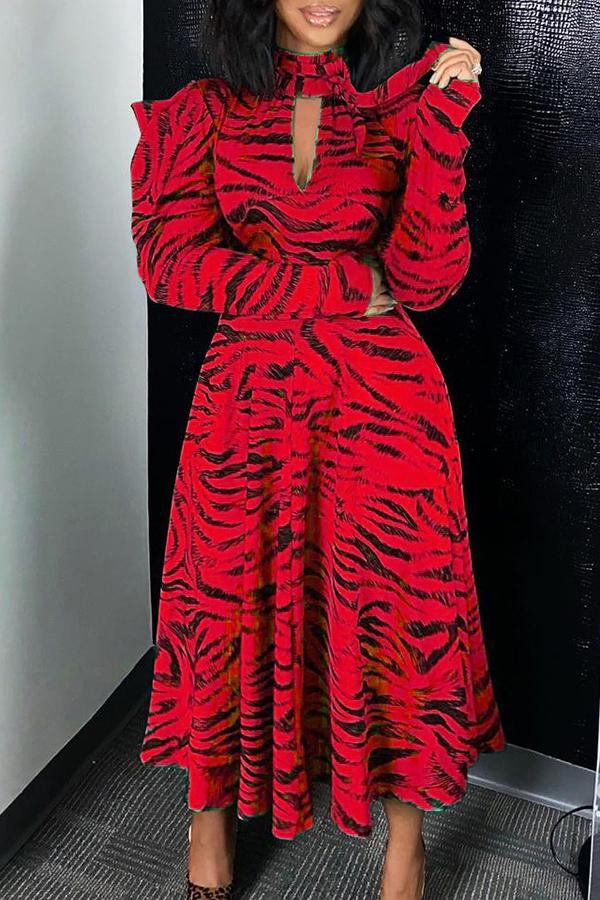 Fashion Zebra Print High Neck Tie Puff Sleeve Maxi Dress  Fashionpara