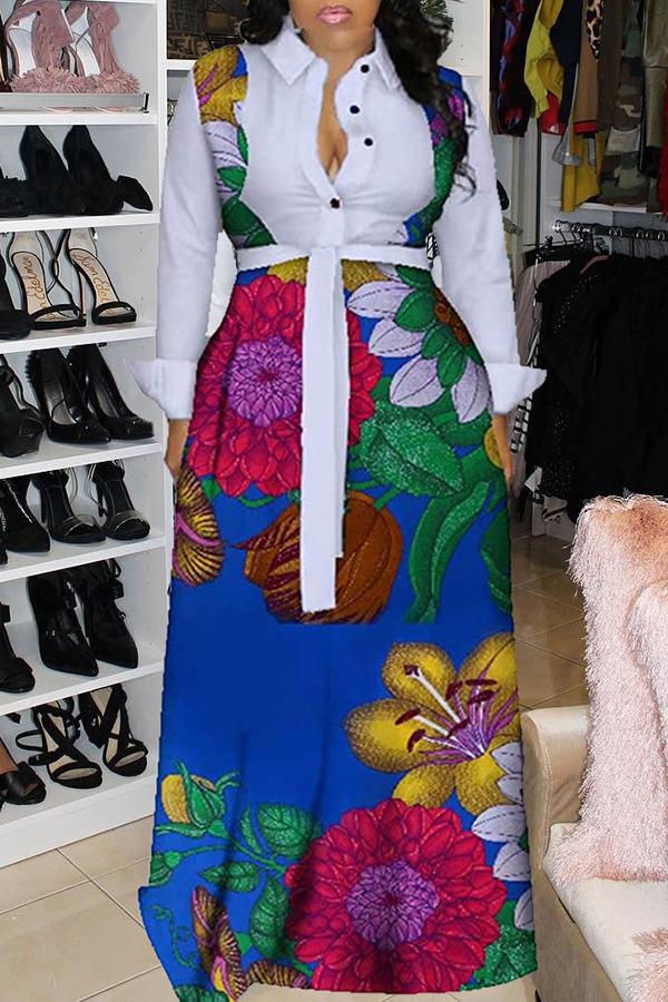 Fashion Color Print Long Sleeved Lace Up Maxi Dress  Fashionpara