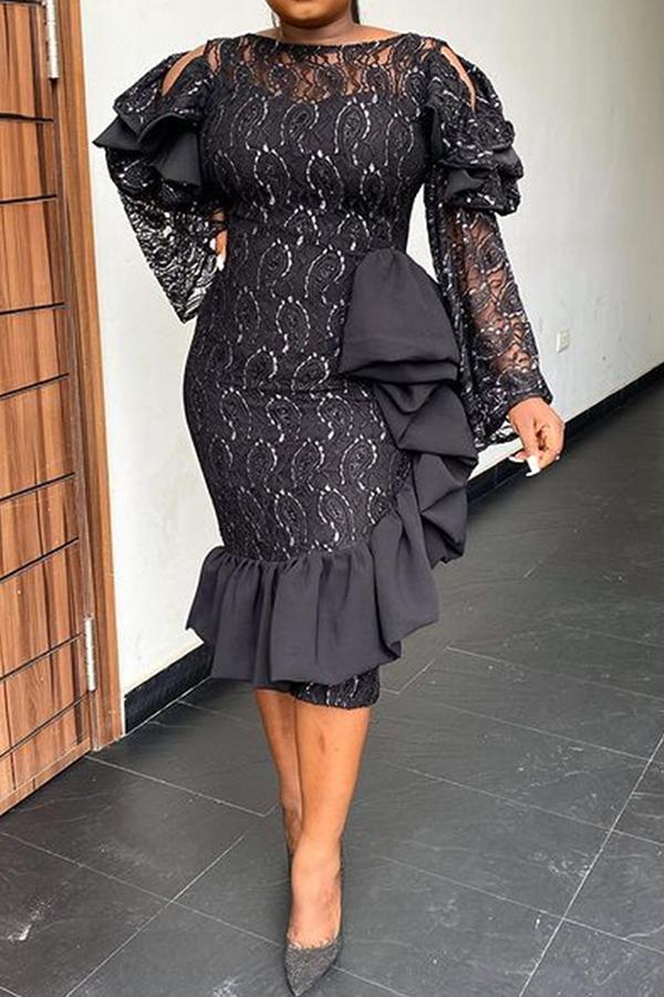 Elegant Lace Off The Shoulder Ruffled Slim Midi Dress  Fashionpara