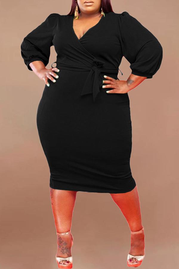 Temperament 3/4 Length Sleeve Plus Size Solid Color Midi Dress  Fashionpara