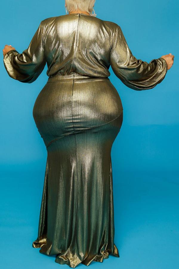 Luxury Bronzing Plus Size Long Sleeve V-neck Maxi Dress  Fashionpara