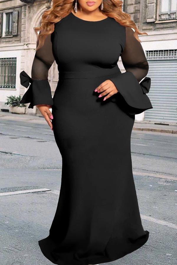 Elegant Mesh Stitching Flared Sleeve Bowknot Plus Size Maxi Dress  Fashionpara
