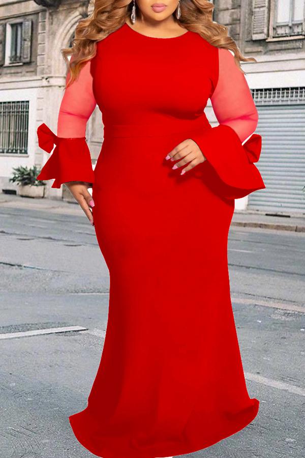 Elegant Mesh Stitching Flared Sleeve Bowknot Plus Size Maxi Dress  Fashionpara