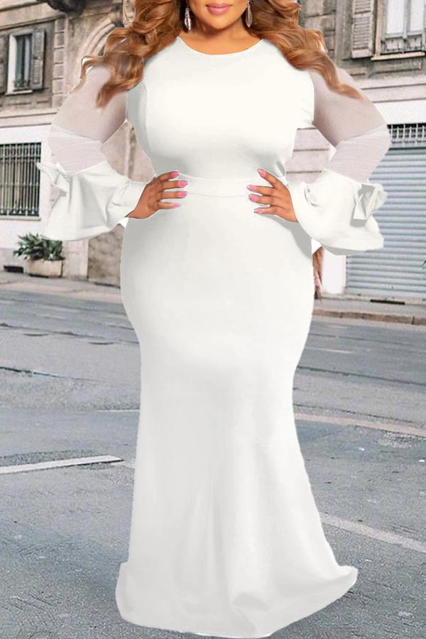 Elegant Mesh Stitching Flared Sleeve Bowknot Plus Size Maxi Dress  Fashionpara