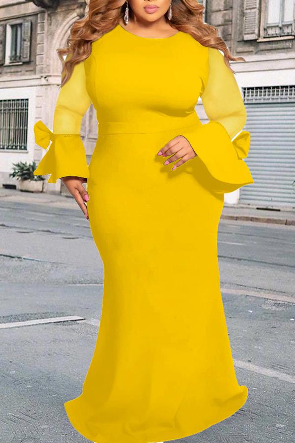 Elegant Mesh Stitching Flared Sleeve Bowknot Plus Size Maxi Dress  Fashionpara