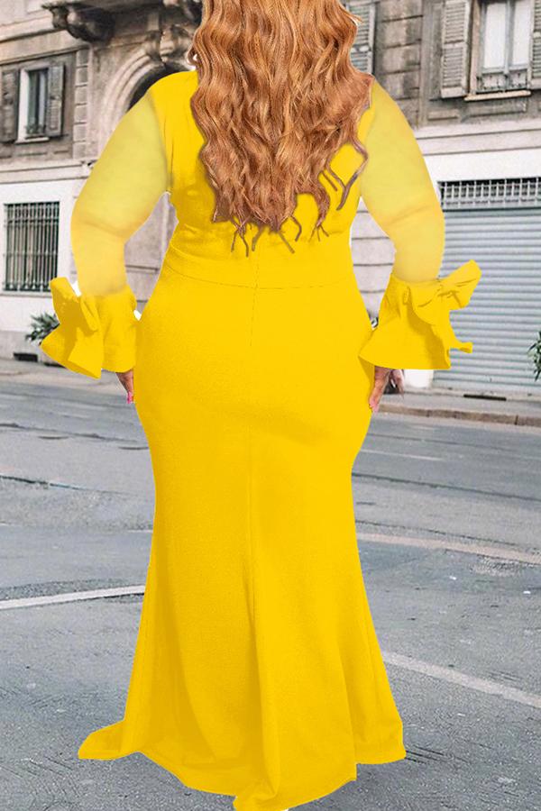 Elegant Mesh Stitching Flared Sleeve Bowknot Plus Size Maxi Dress  Fashionpara
