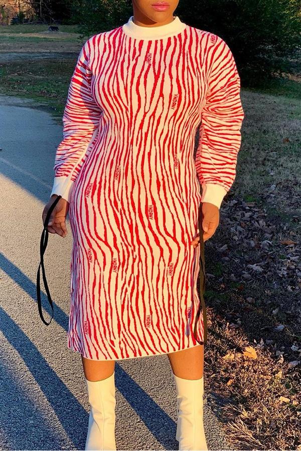 Casual Red Striped Print Round Neck Midi Dress  Fashionpara
