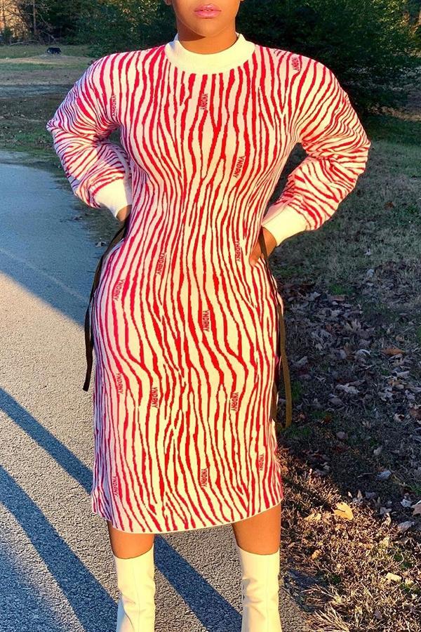 Casual Red Striped Print Round Neck Midi Dress  Fashionpara