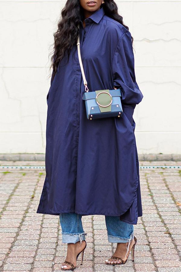 Basic Solid Color Slit Single Breasted Loose Shirt Midi Dress  Fashionpara