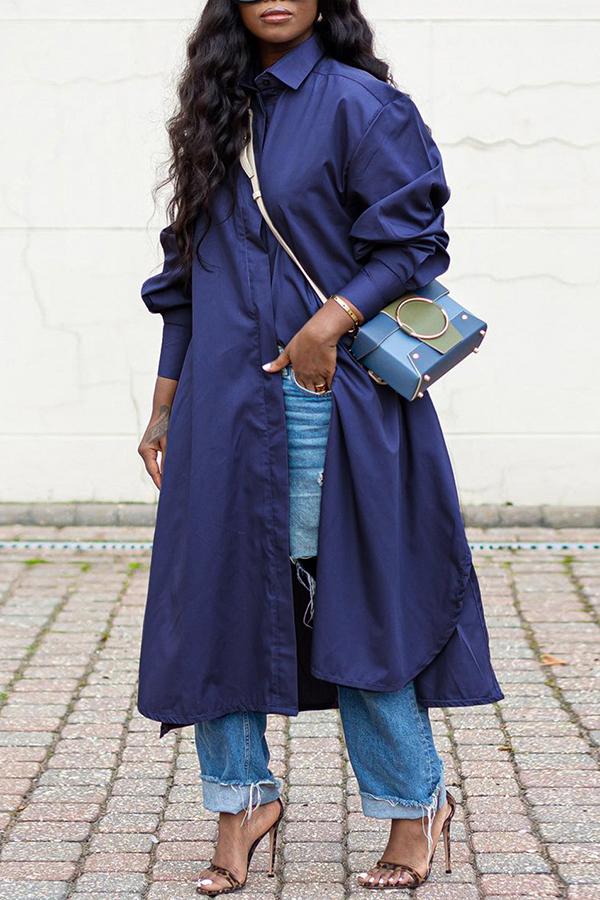 Basic Solid Color Slit Single Breasted Loose Shirt Midi Dress  Fashionpara