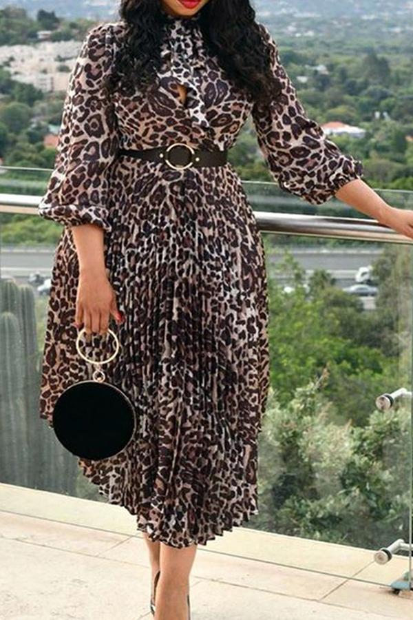 Leopard Print Half Sleeve Pleated Midi Dresses  Fashionpara