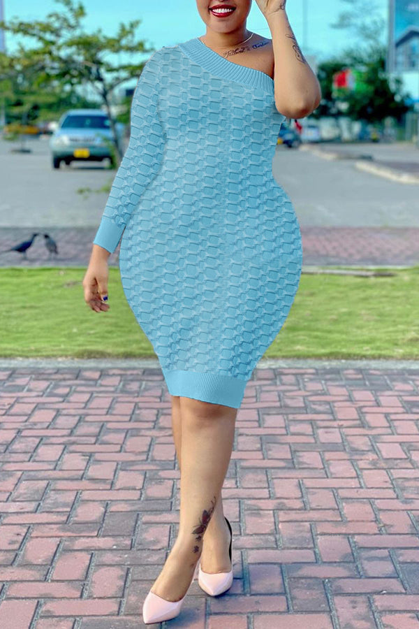 Sexy Solid Color One Shoulder Pineapple Grid Midi Dress  Fashionpara