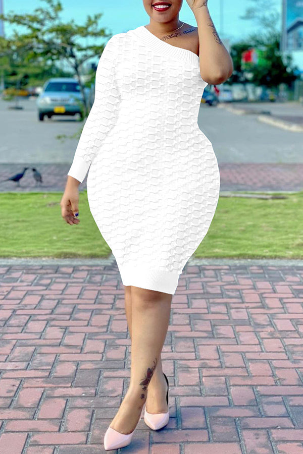 Sexy Solid Color One Shoulder Pineapple Grid Midi Dress  Fashionpara