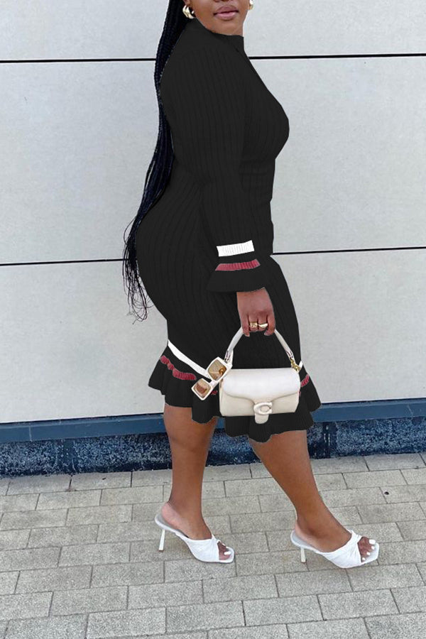 Temperament Plus Size Color Knitted Striped Midi Dress  Fashionpara