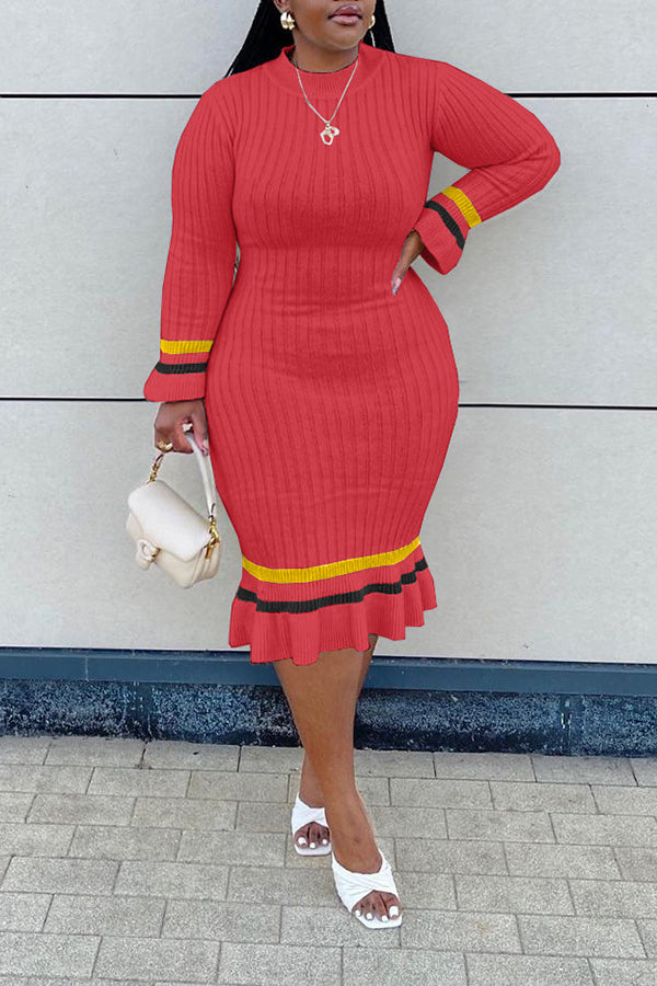 Temperament Plus Size Color Knitted Striped Midi Dress  Fashionpara