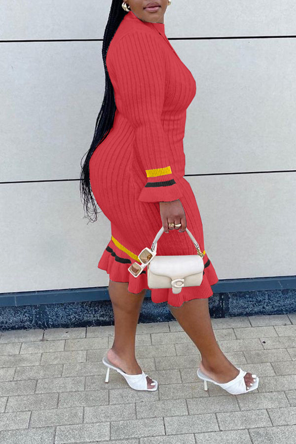 Temperament Plus Size Color Knitted Striped Midi Dress  Fashionpara