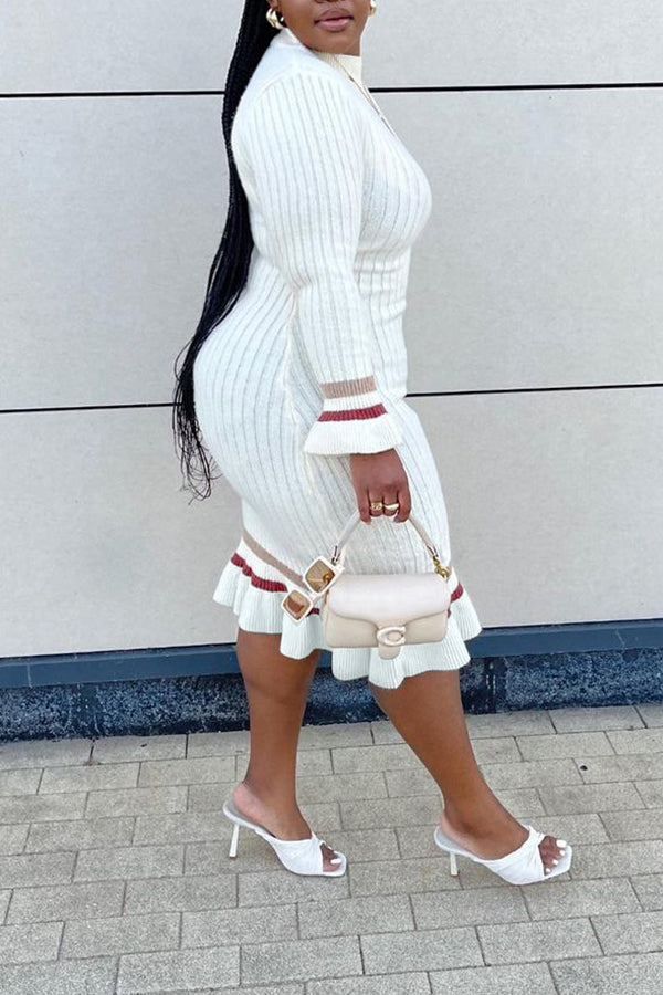 Temperament Plus Size Color Knitted Striped Midi Dress  Fashionpara