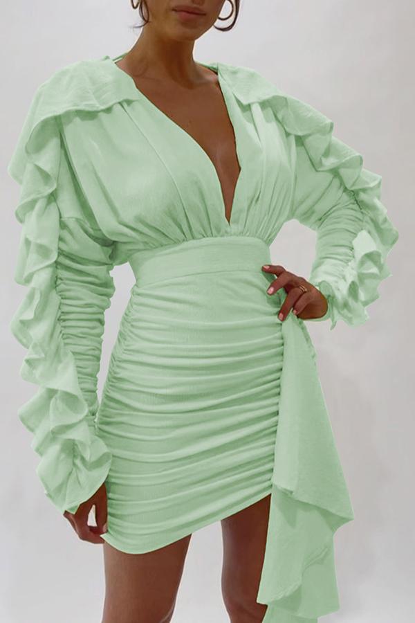 Fashion Ruffled Sleeve V-neck Pleated Backless Mini Dress  Fashionpara