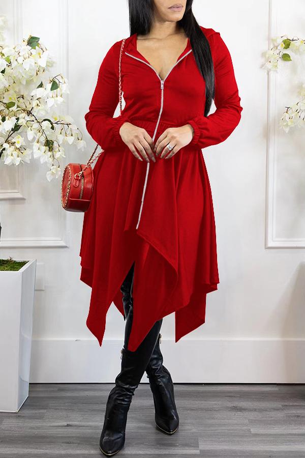 Personalized Irregular Zipper Long Sleeve Hooded Midi Dress  Fashionpara