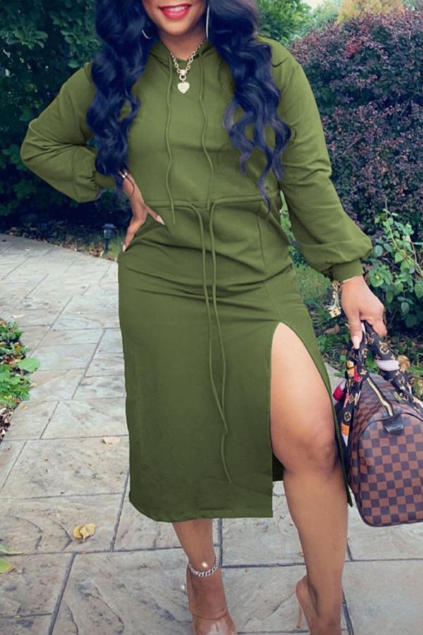 Casual Solid Color Drawstring Slit Hooded Midi Dress  Fashionpara