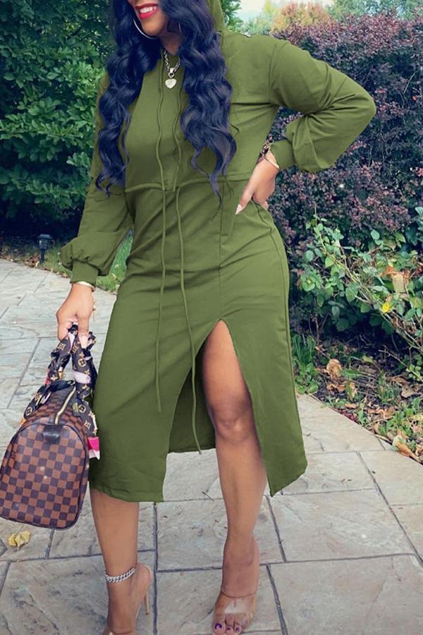 Casual Solid Color Drawstring Slit Hooded Midi Dress  Fashionpara