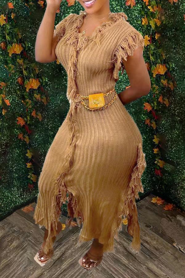 Chic Solid Color Round Neck Sleeveless Tassel Knit Maxi Dress  Fashionpara