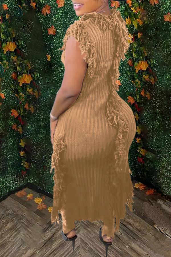 Chic Solid Color Round Neck Sleeveless Tassel Knit Maxi Dress  Fashionpara