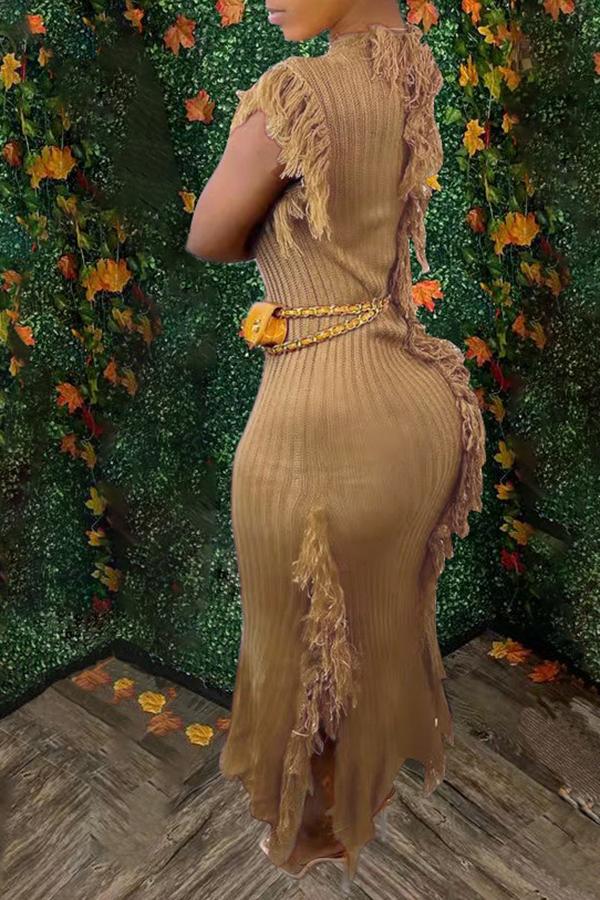 Chic Solid Color Round Neck Sleeveless Tassel Knit Maxi Dress  Fashionpara