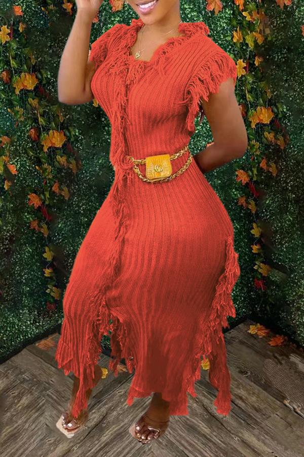 Chic Solid Color Round Neck Sleeveless Tassel Knit Maxi Dress  Fashionpara