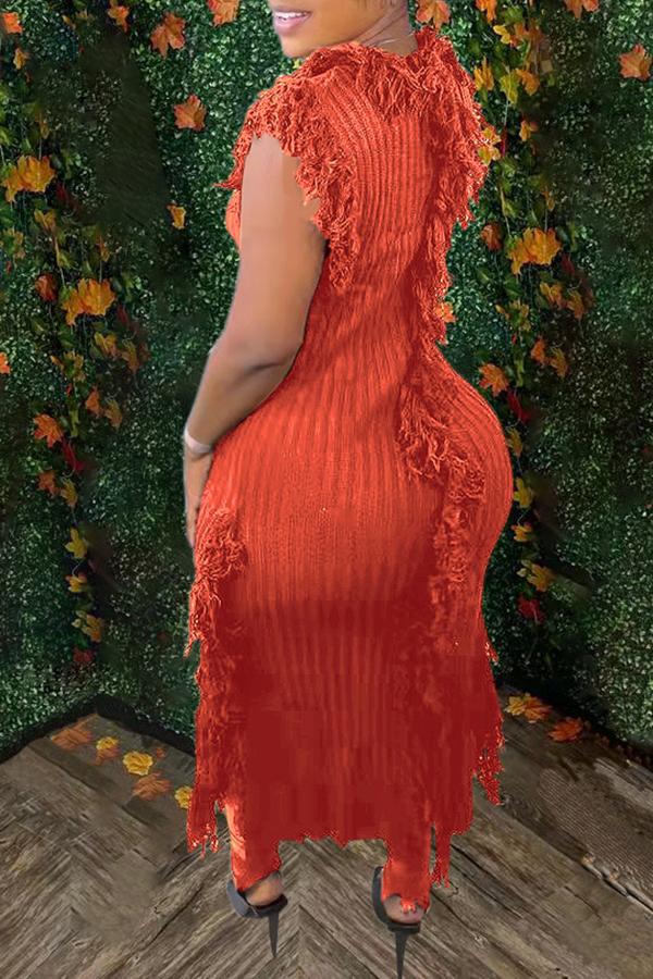 Chic Solid Color Round Neck Sleeveless Tassel Knit Maxi Dress  Fashionpara