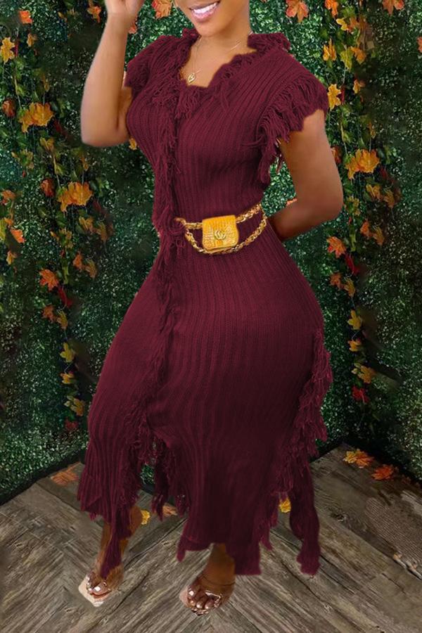 Chic Solid Color Round Neck Sleeveless Tassel Knit Maxi Dress  Fashionpara