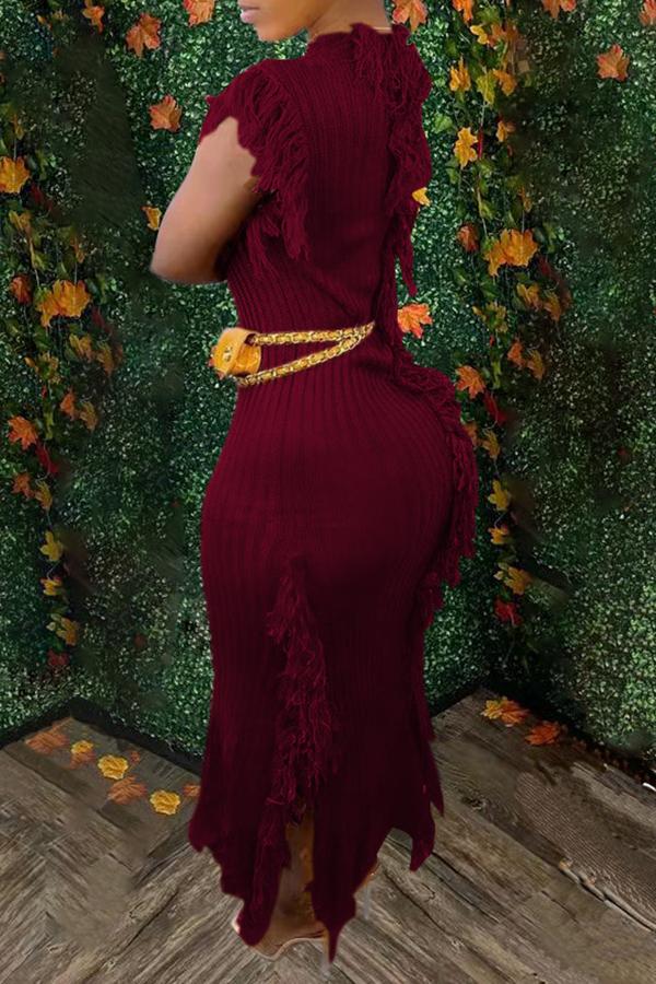 Chic Solid Color Round Neck Sleeveless Tassel Knit Maxi Dress  Fashionpara