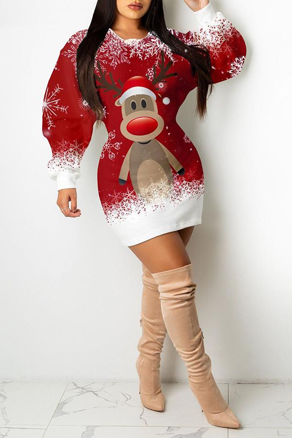 Christmas Elk Print Long Sleeved Bag Hip Mini Dress  Fashionpara