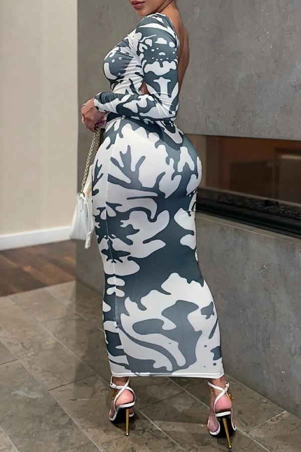 Sexy Long Sleeved Printed Slim Backless Stretch Maxi Dress  Fashionpara
